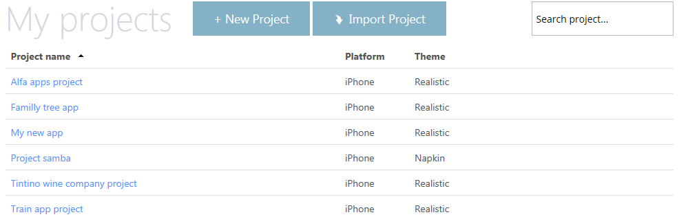 NinjaMock Software - Multiple projects can be managed in NinjaMock, for different device types and themes