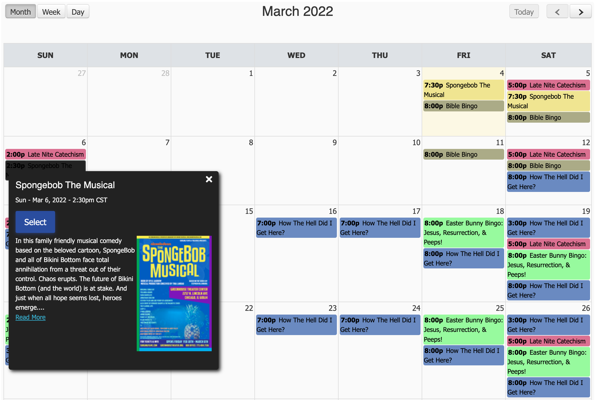 A comprehensive calendar manages all upcoming events. Color-code them by type or style to make it easy to differentiate.