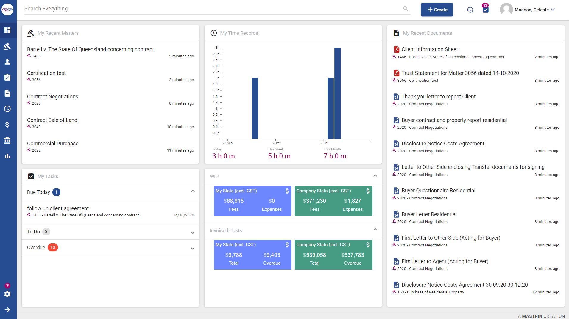 mattero screenshot: The mattero dashboard displays a global overview of your matters, time records, documents, tasks and WIP. mattero's suite of reports delivers everything you need to keep you informed of productivity, performance and compliance.