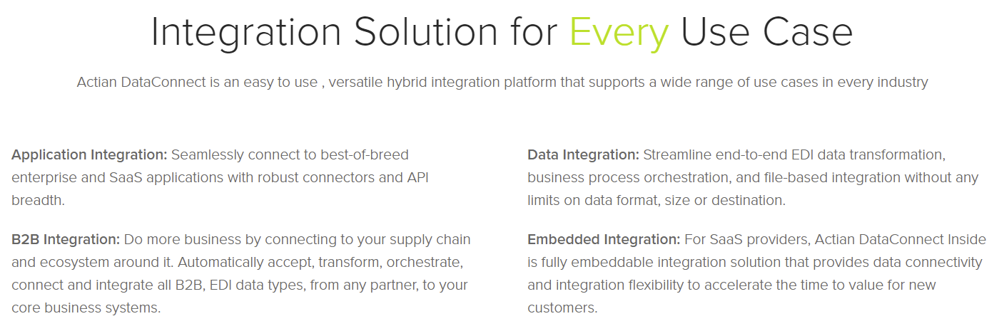 Actian DataConnect is an easy to use, versatile hybrid integration platform that supports a wide range of use cases in every industry.