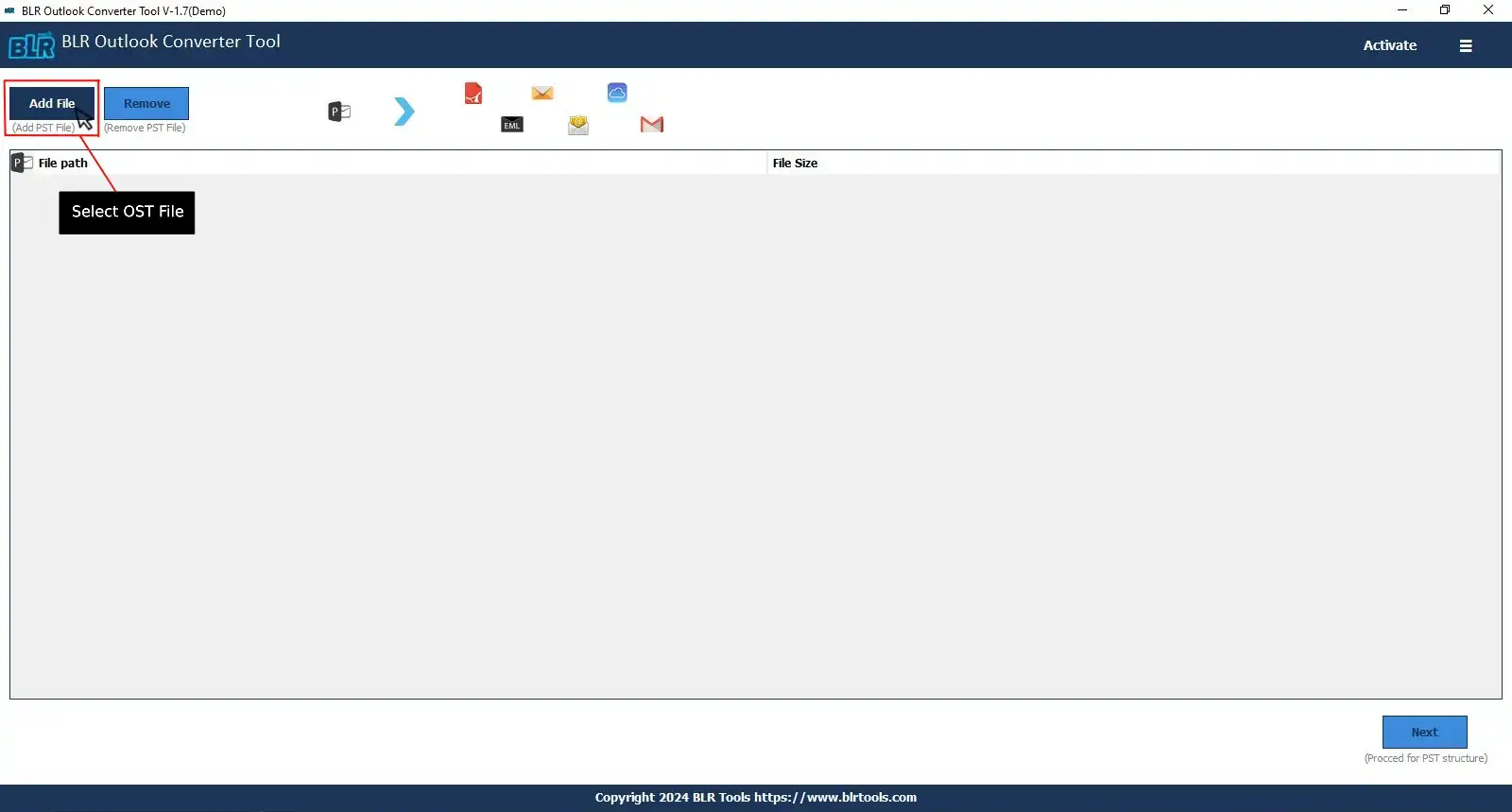 BLR Outlook Toolkit screenshot: Outlook Converter Toolkit add file