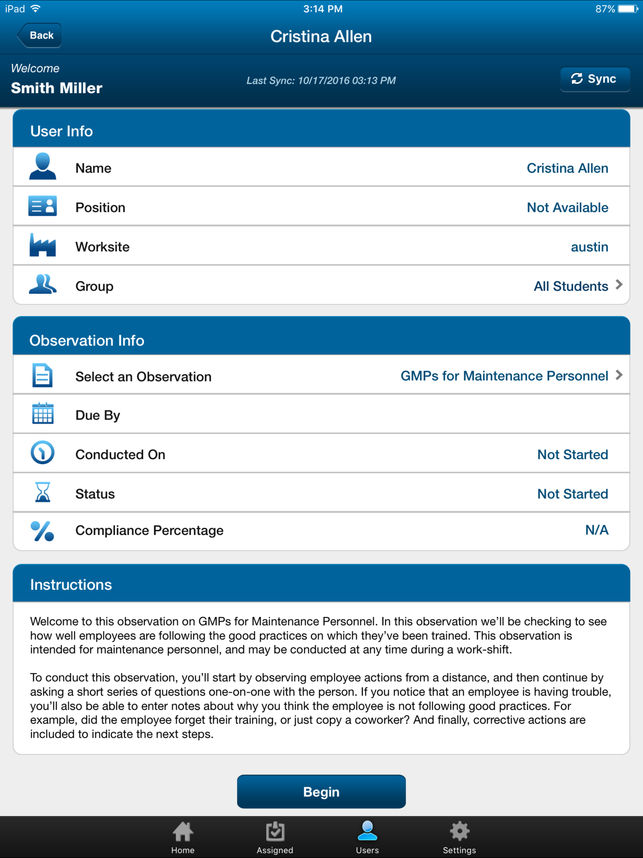 View observation information including the due by date, status, and instructions