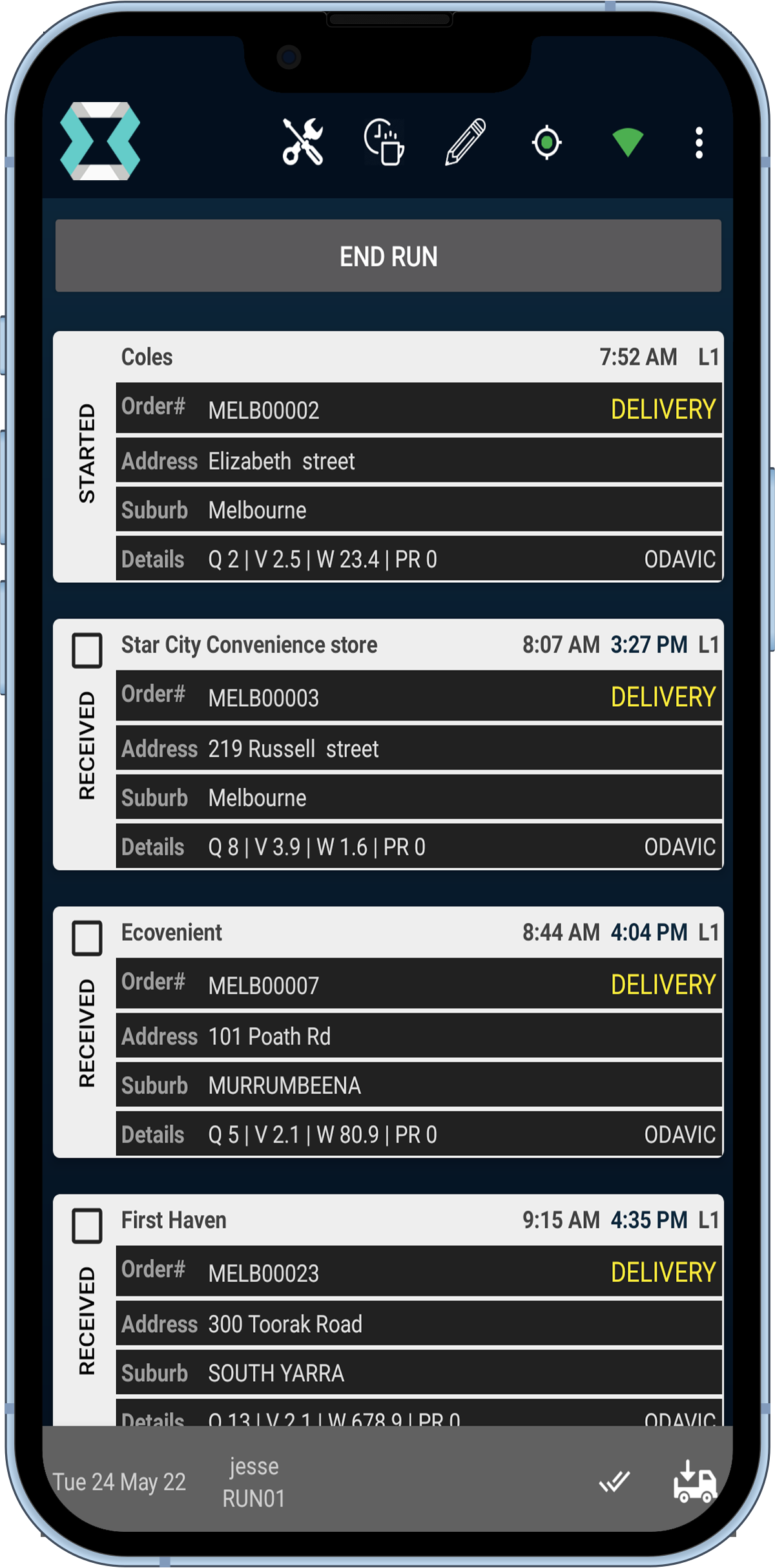 Orcoda Logistics Management Software (OLMS) Software - OLMS Mobile App - Runsheet