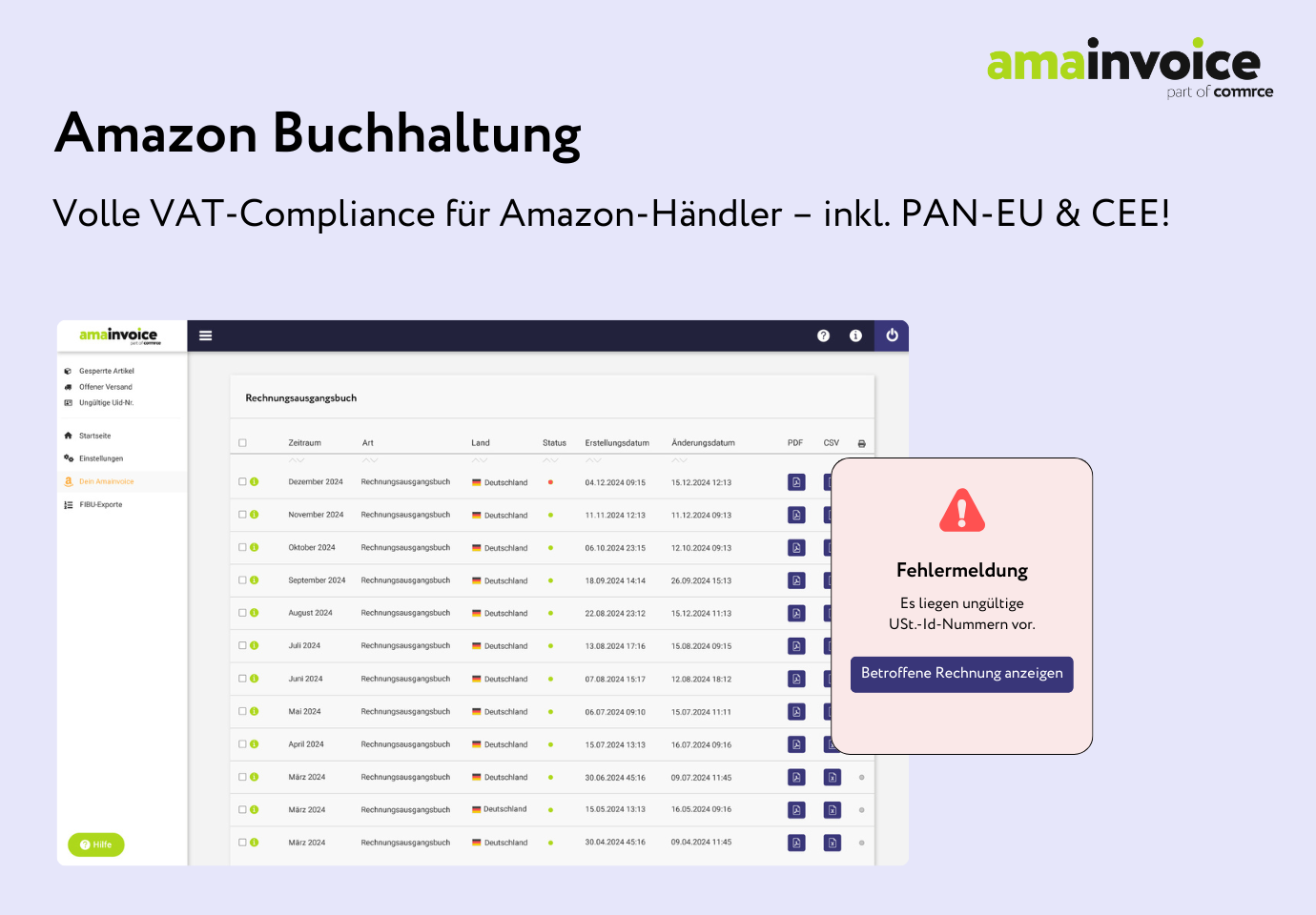 Amainvoice screenshot: Amazon Buchhaltung schnell & zuverlässig erledigen. Bis zu 78% Zeitersparnis für dein Steuerbüro.