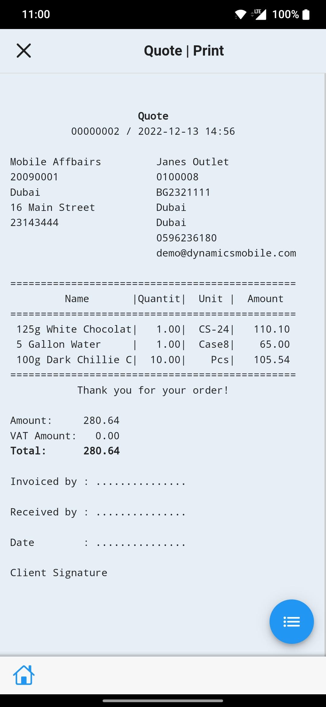 Dynamics Mobile screenshot: Dynamics Mobile digital quote generated
