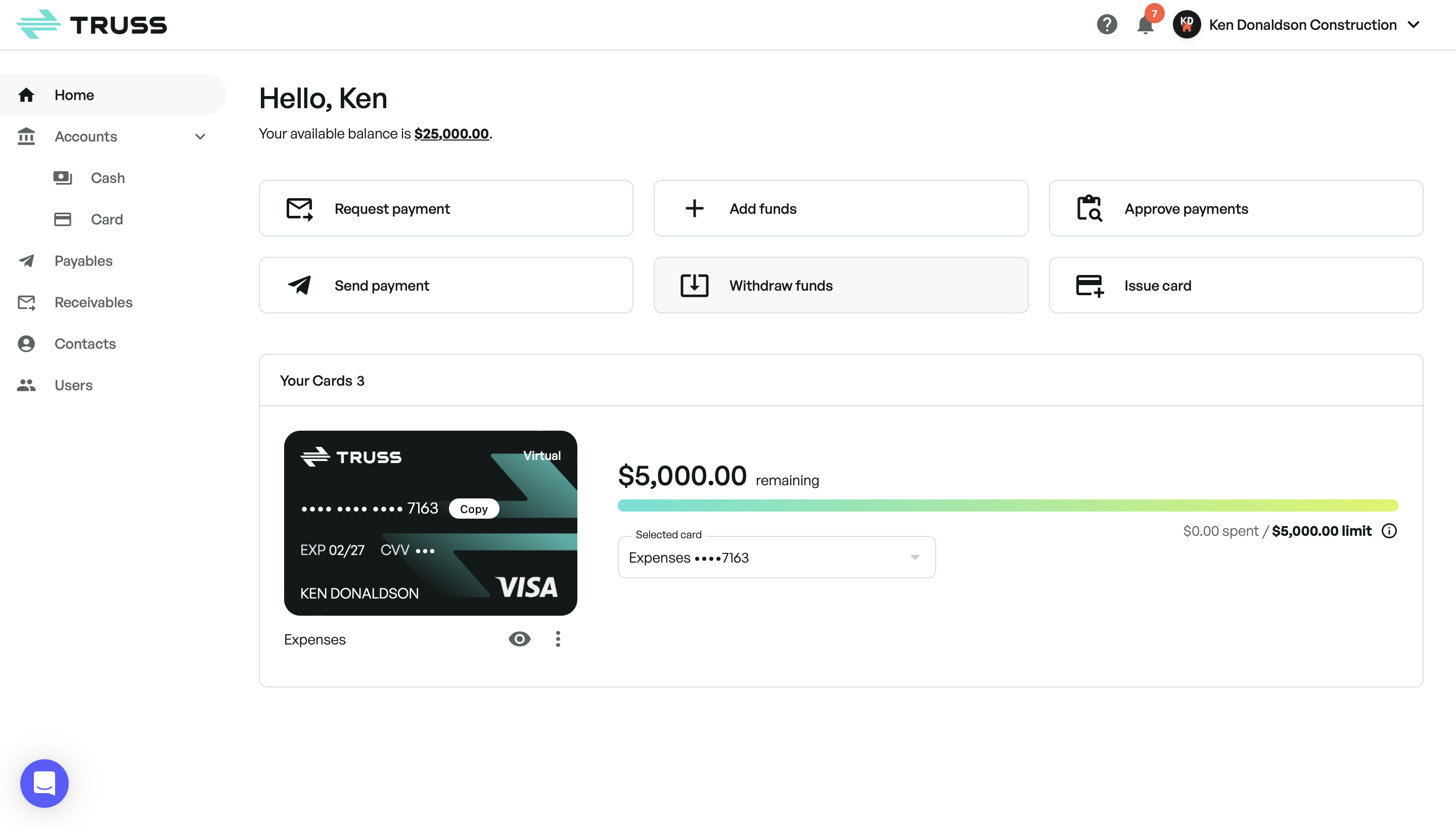 Truss Payments screenshot: This is your Truss payments dashboard, where you can send payment requests to clients, pay vendors, create employee cards, and more.