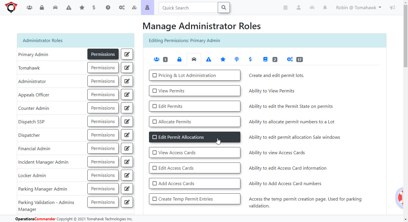 Admin portal - role based permissions