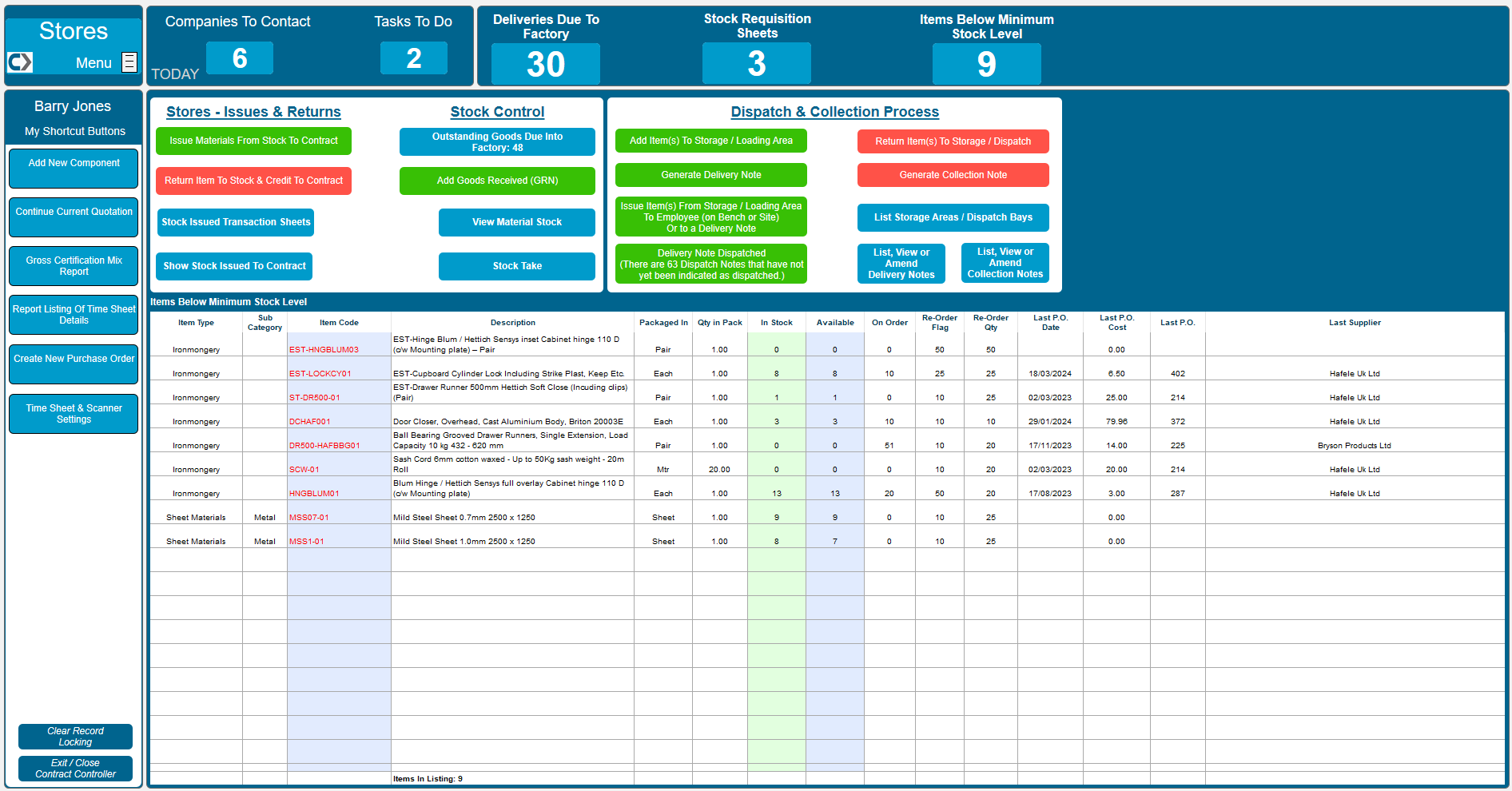 Contract Controller Software - Complete Stock Control
Issuing materials from stores to a contract, using FIFO (first in first out) stock is decreased and costs added to the contract job costing.
Complete purchase & stock auditing.