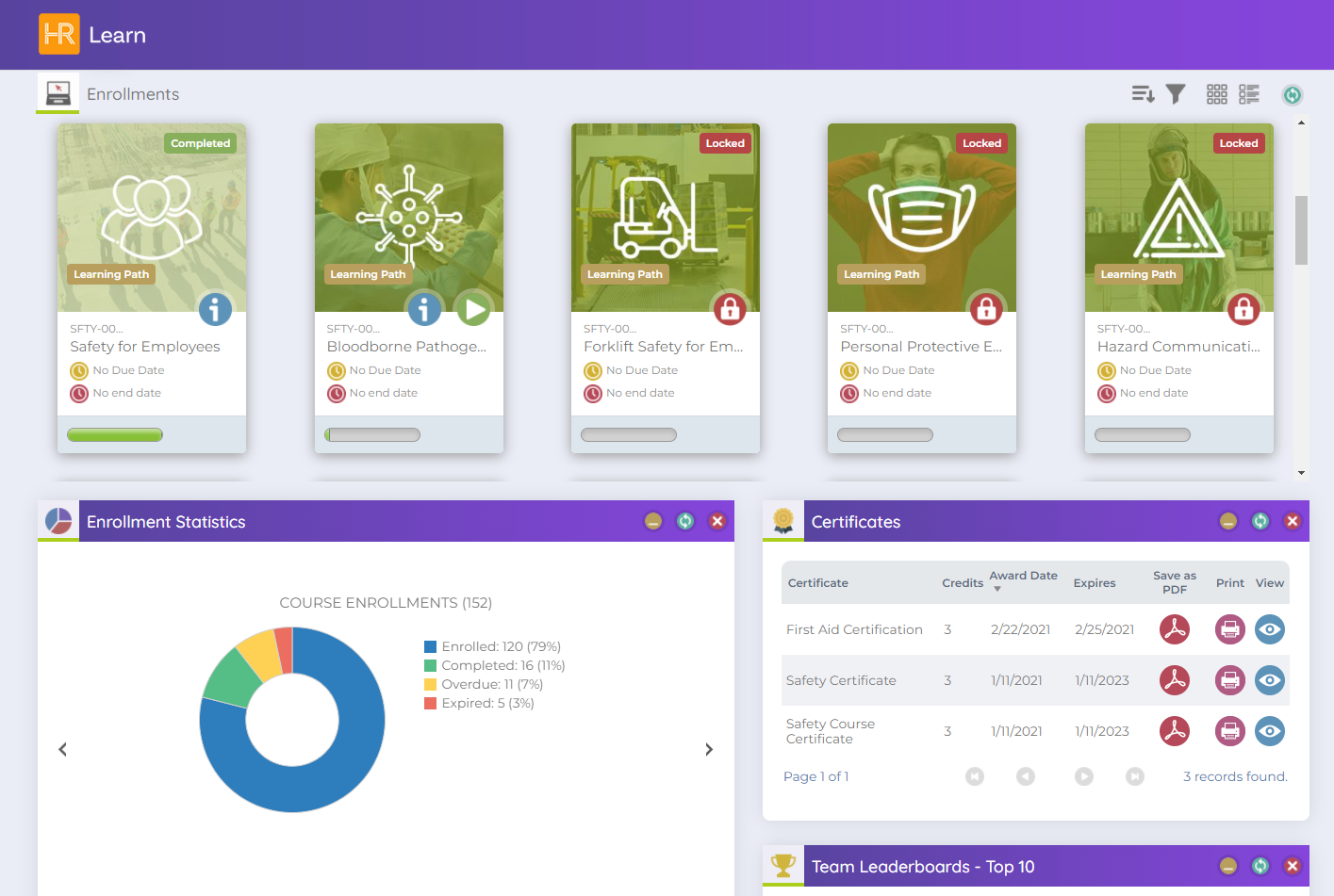 Track your team's enrollment, certificates, and training progress in one centralized dashboard.