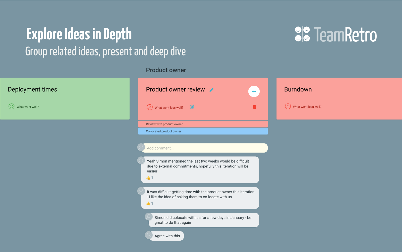 Easily gather input from your team, then group and explore those ideas in depth.