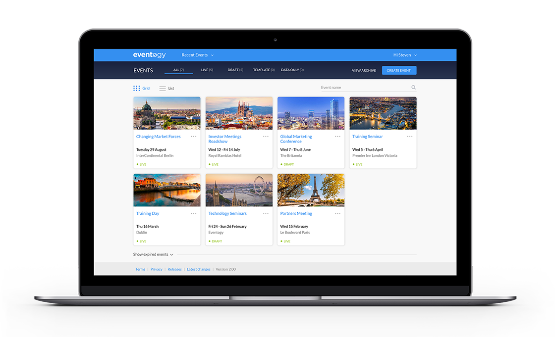 Eventogy screenshot: Eventogy Events Hub: A personalised view of all your events in one, quick view screen. Create, modify and duplicate in seconds. 