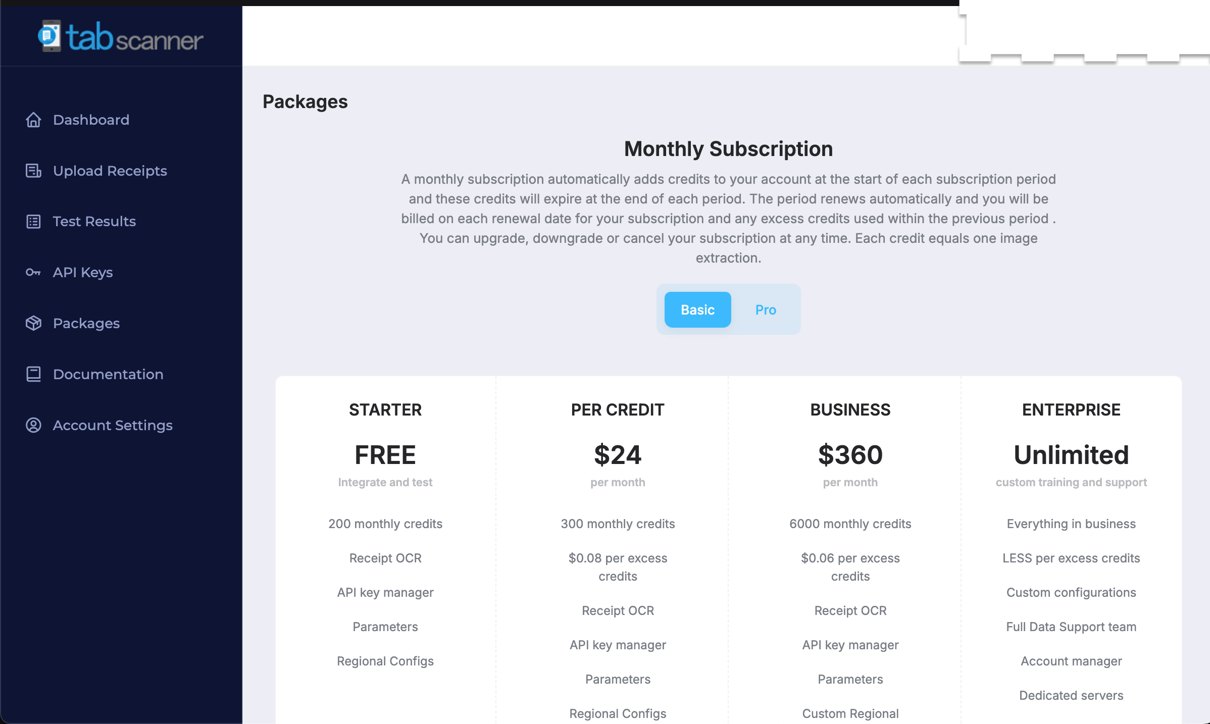 Tabscanner screenshot: The new simpler and easier to use Tabscanner dashboard. Easily upgrade your plan. Start with the free Starter Plan with no credit card needed. Instant sign up with Google. Fast, accurate, easy to integrate.