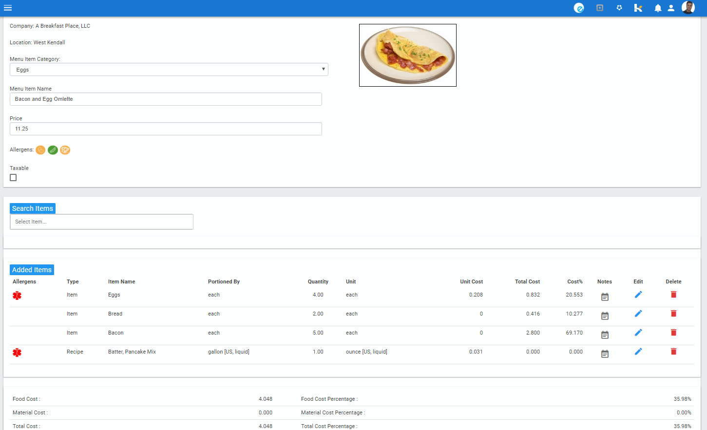 Menu items can be created and costed, with a breakdown of the food, material, and labor costs