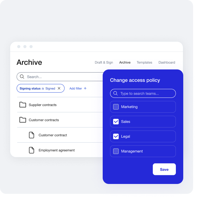 Easily find all your contracts in the AI-assisted archive. Unlimited and secure storage for all of your contracts, with folder-level access control. Export easily with filters and metadata. Get automatic reminders for important contract milestones.