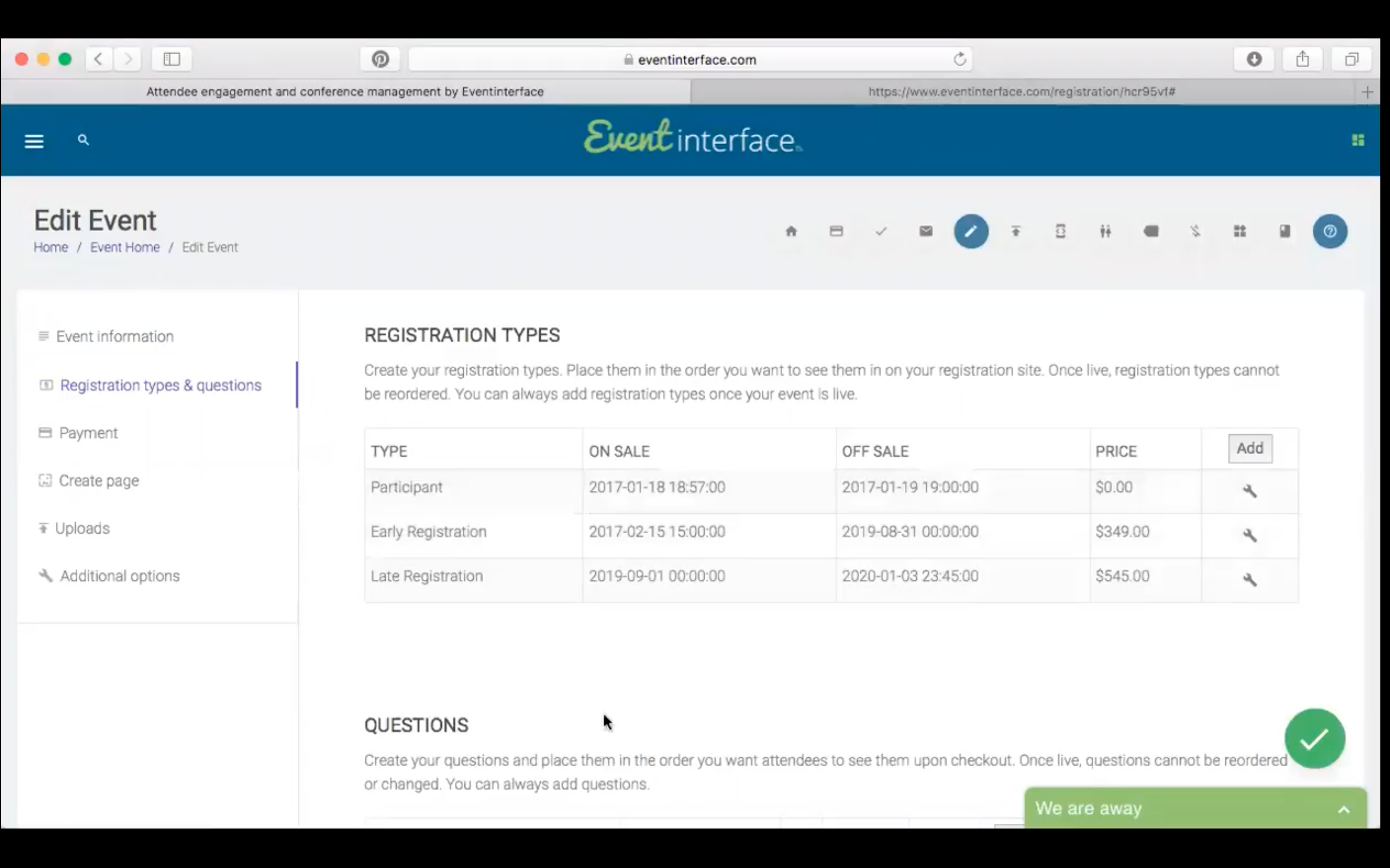 EventInterface Software - Registration types