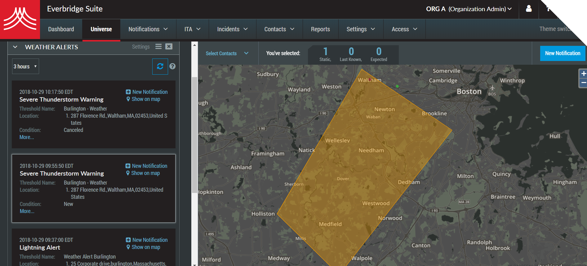 Critical Event Management screenshot: Critical Event Management weather alerts