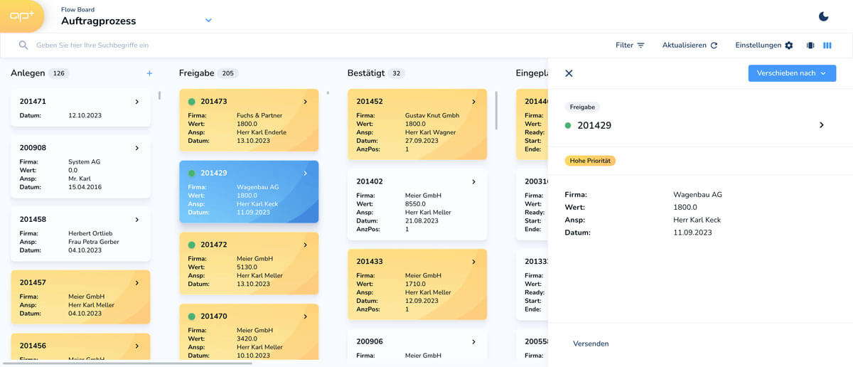 APplus screenshot: View of the innovative APplus Flow Mode: a new way of working with an ERP system