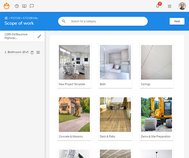 247PRO Estimator screenshot: Start your estimate from a preloaded templates. Customize and save the most used templates.
