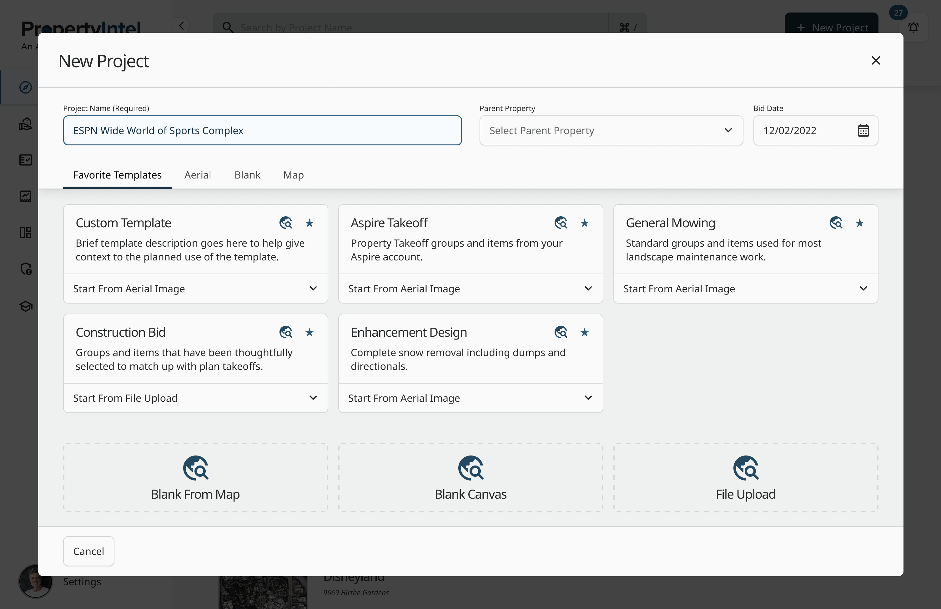 PropertyIntel screenshot: Create new projects from aerial images for maintenance takeoffs, PDF uploads for enhancement work, or a blank canvas for design-build opportunities. Assign a customizable measuring template to quickly measure certain types of work.