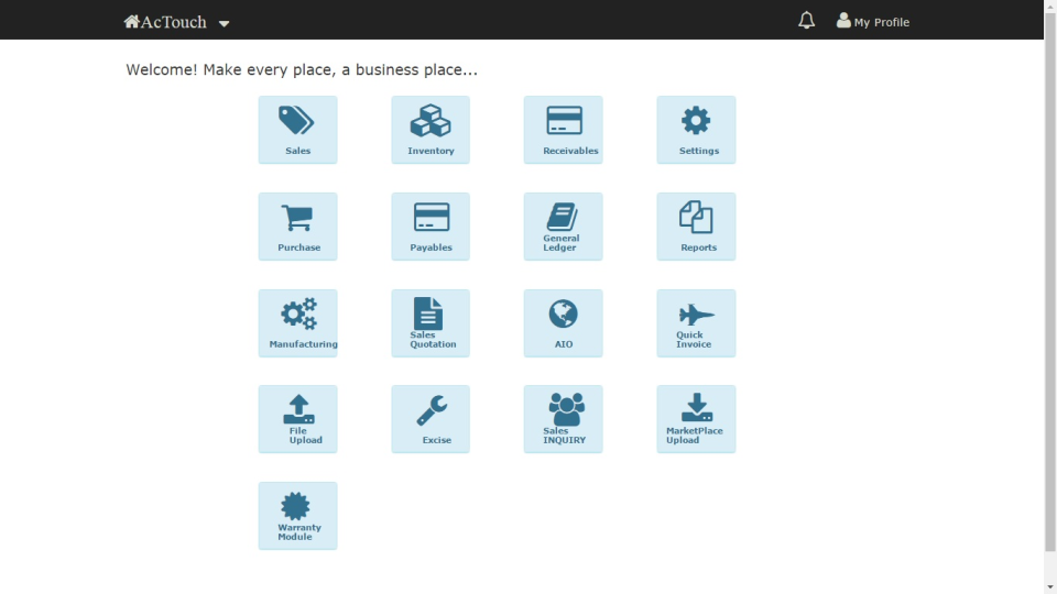 Access all business operation modules from AcTouch.com dashboard