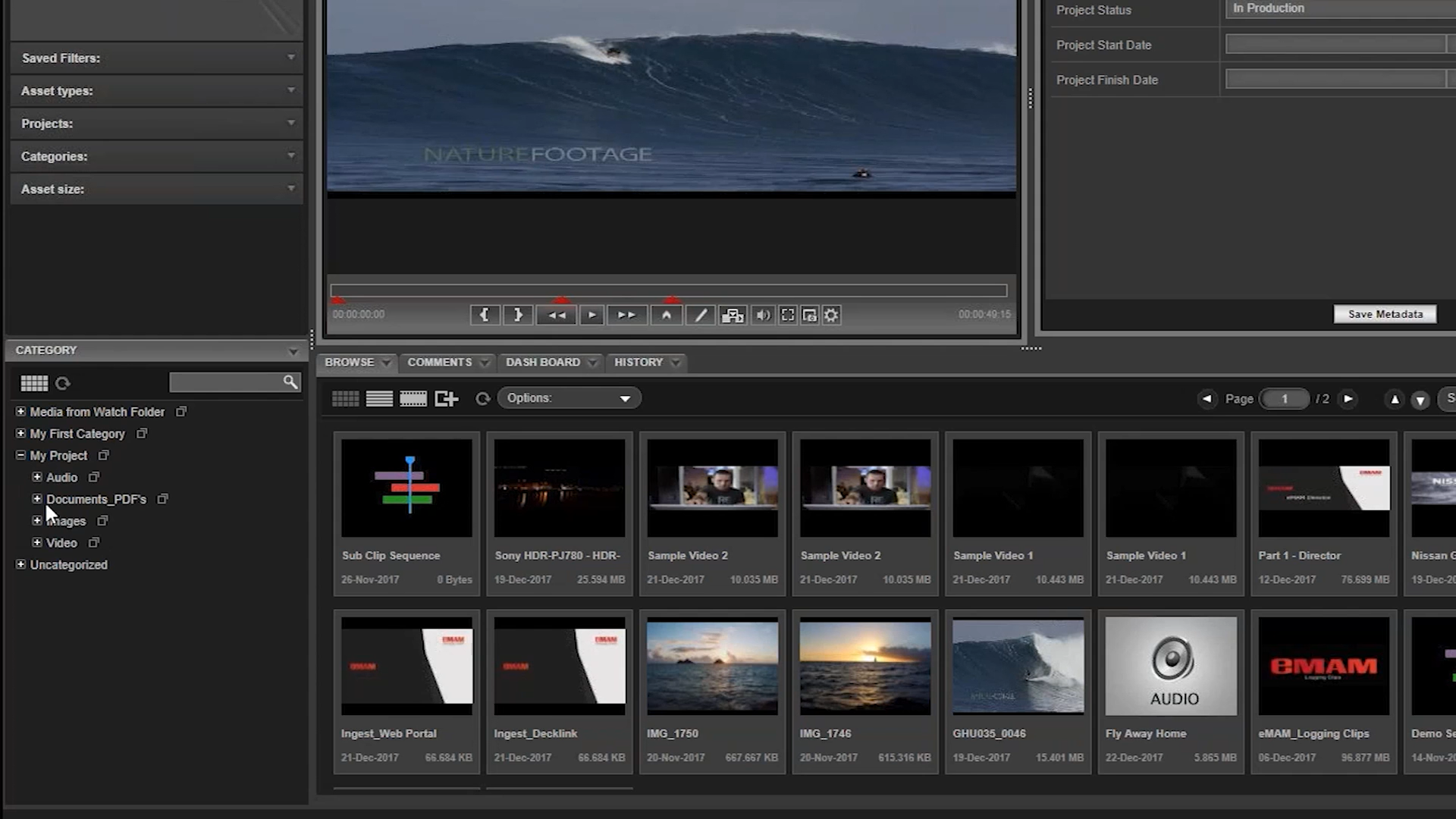 eMAM screenshot: Easy browsing, searching, and previewing from our web interface. Comment, mark, subclip, or even isolate multiple tracks of audio on playback, all from the web interface.