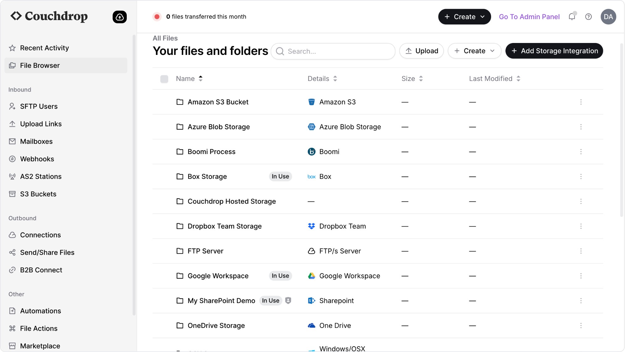 Couchdrop screenshot: Integrate as many storage platforms as you want and view them all in one place in the virtual file browser.
