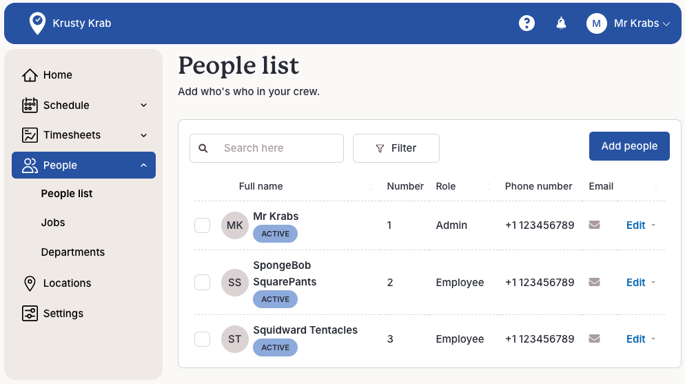 Manage people - add, invite, and edit employee details.
