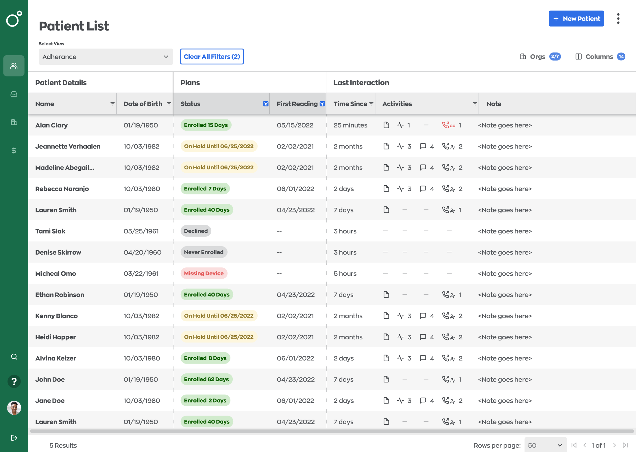 Optimize Health screenshot: Patient List - Adherence