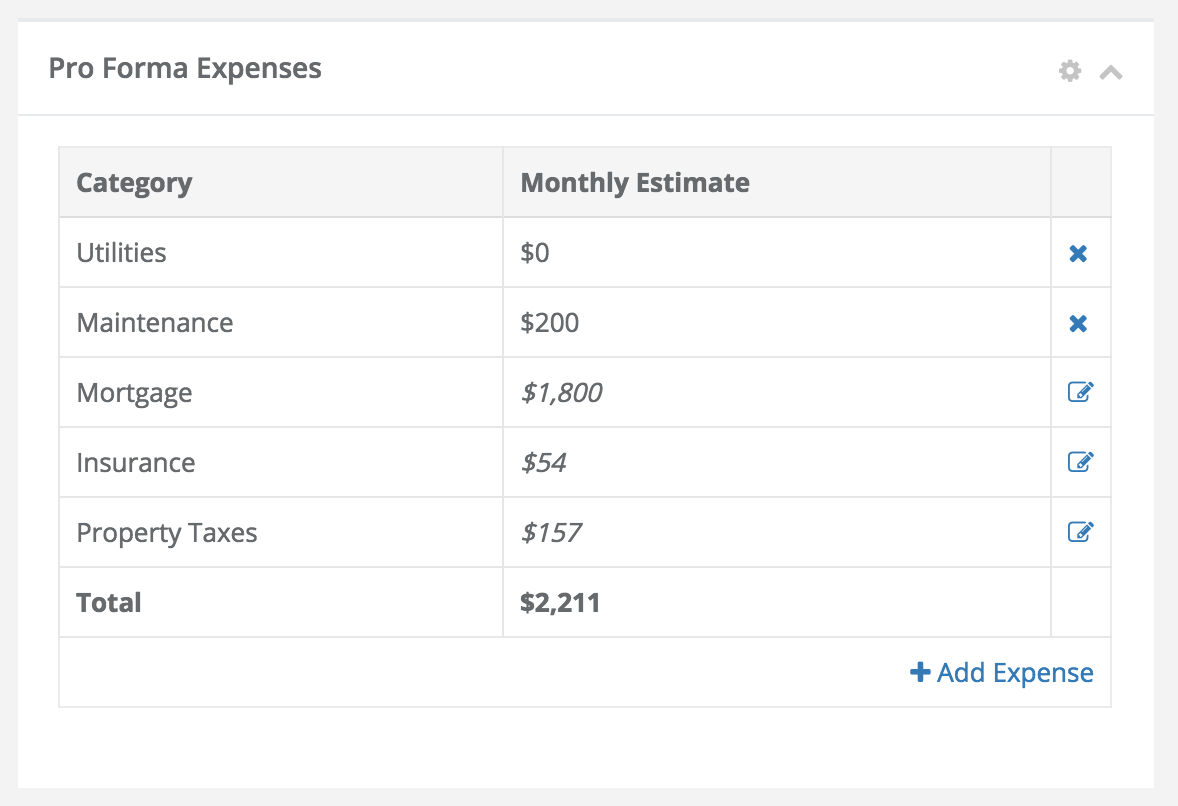 Stessa's Pro Forma expenses dashboard