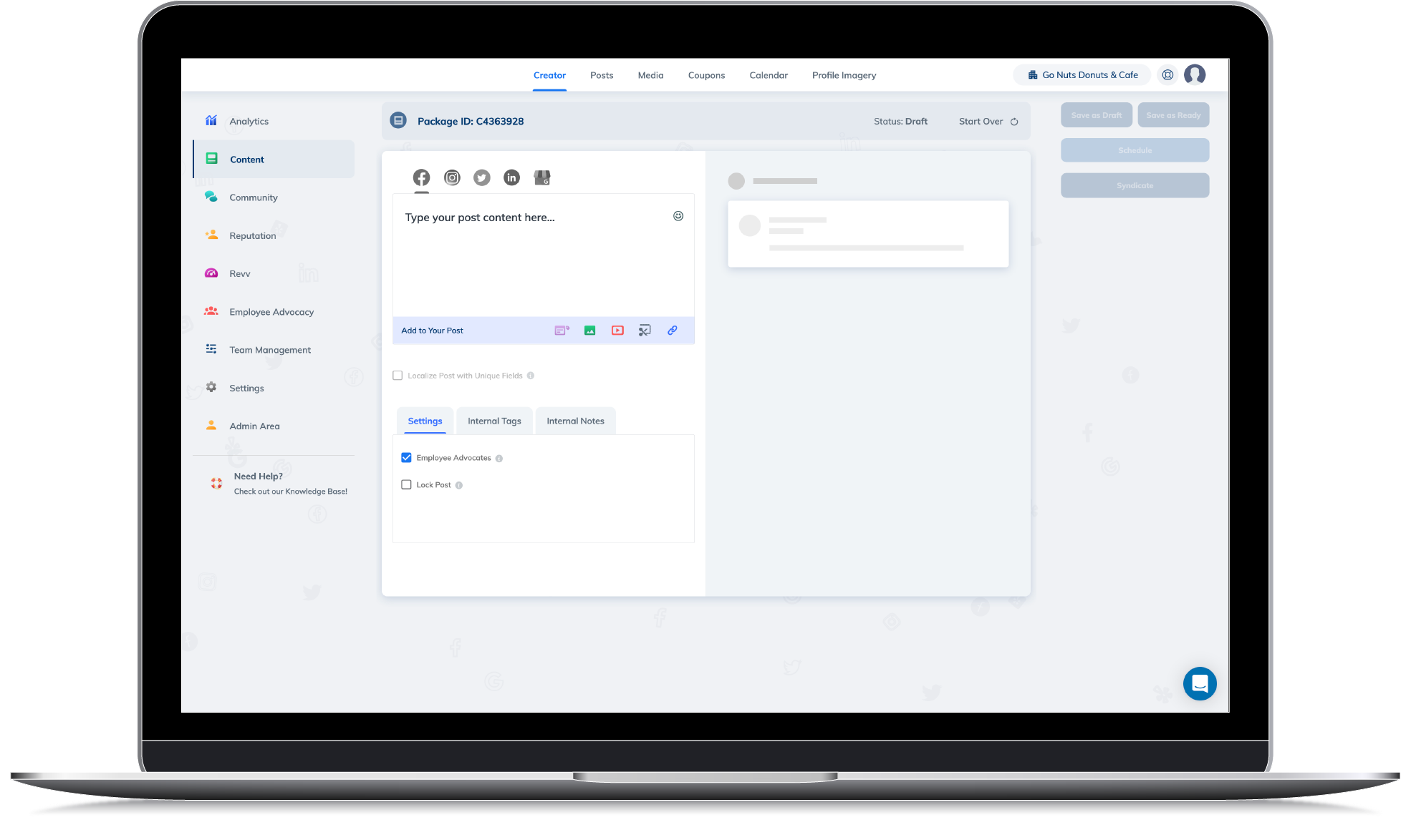 Rallio Software - Create content for all locations across all platforms at once. Schedule it out to all locations or a select few, or save it to location databases for later use.