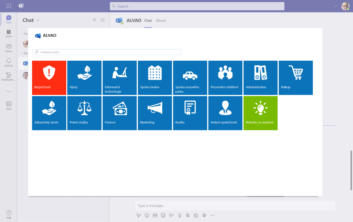 Service catalog available within Microsoft Teams. 