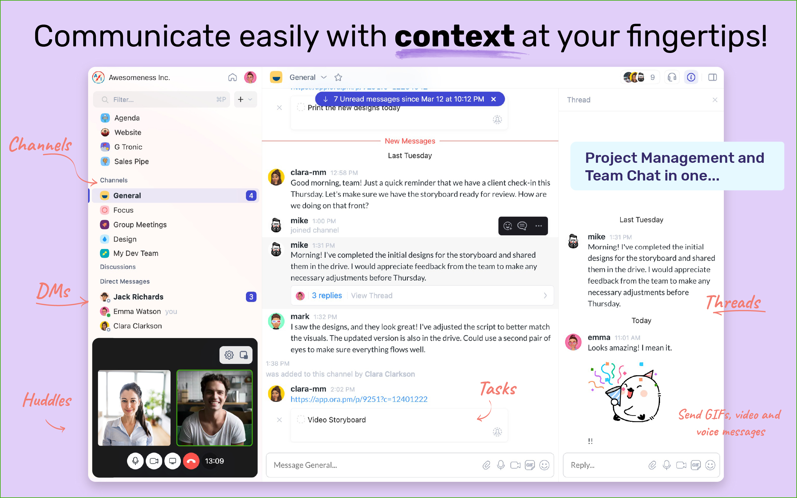 Team chat with embedded context and task management 