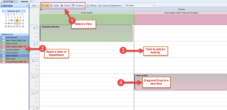 Results CRM screenshot: Manage group calendars