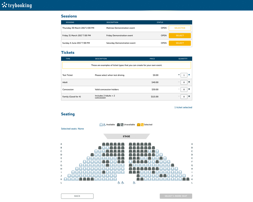 Set-up Seating Plans - Allow users to select seats to the theater or dance.