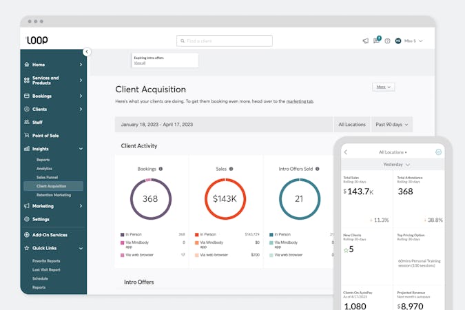 Mindbody screenshot: The Client Acquisition dashboard gives you a snapshot of your sales and client activity and lets you manage your promoted offers. Figures are updated daily, so your information is as accurate as possible.