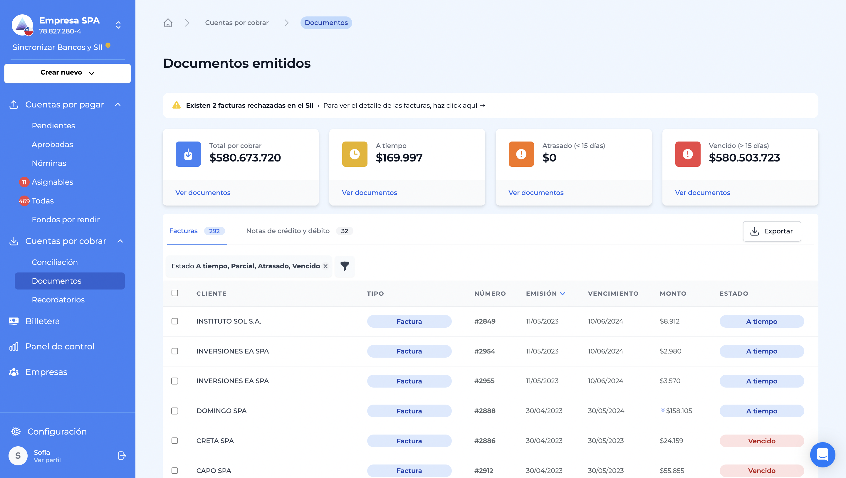 Bemmbo Software - View showing the company's documents receivable.