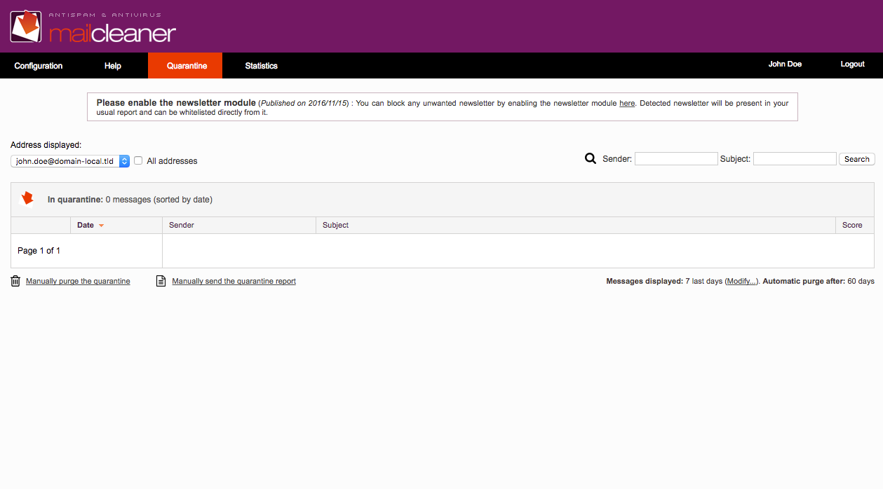 MailCleaner screenshot: Quarantine