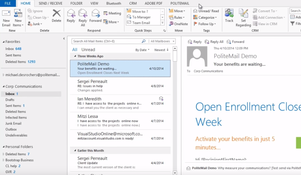 PoliteMail mail management screenshot