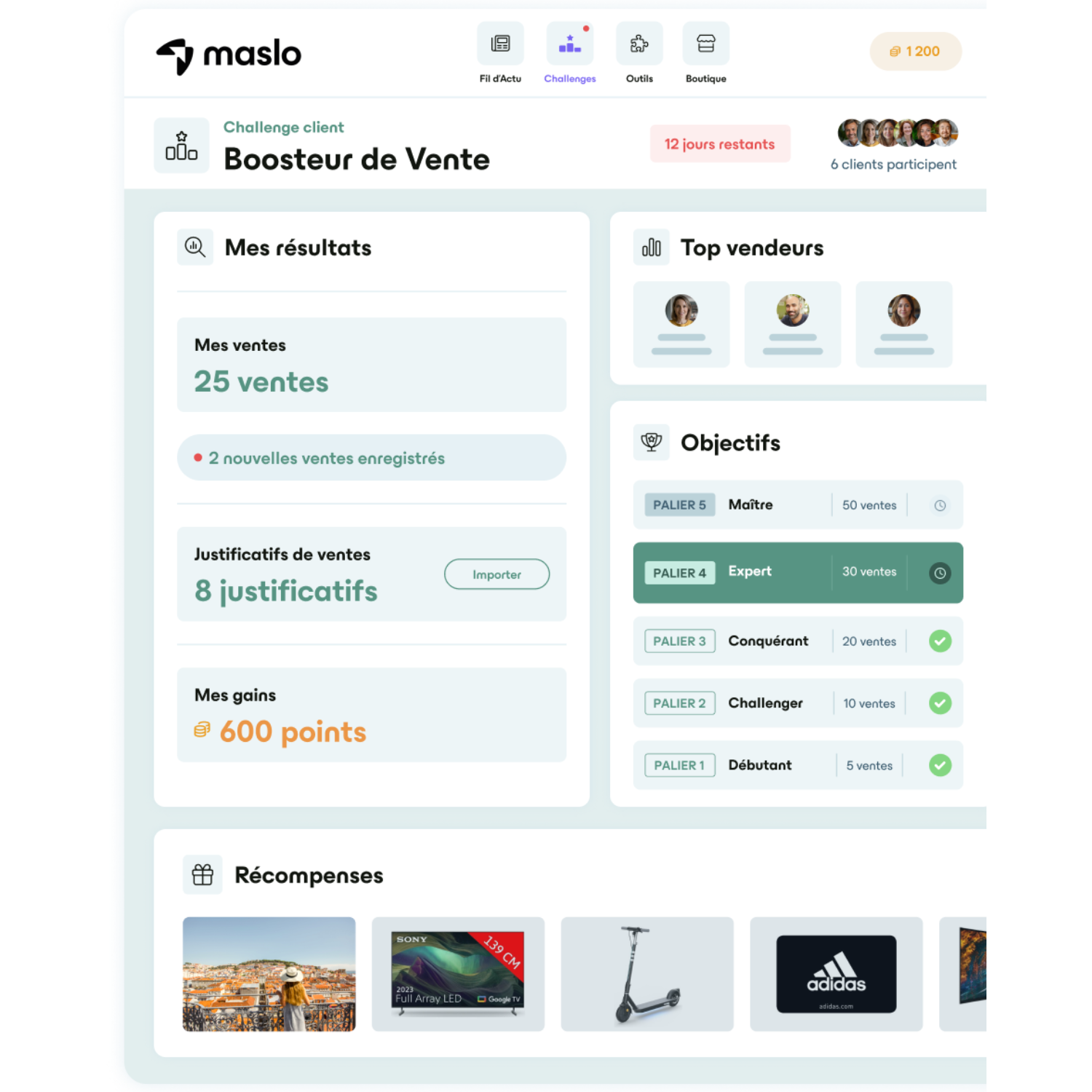 Maslo screenshot: Choisissez des modèles de challenges pré-paramètrés en quelques clics ou créez vos propres challenges sur votre interface administrateur.
