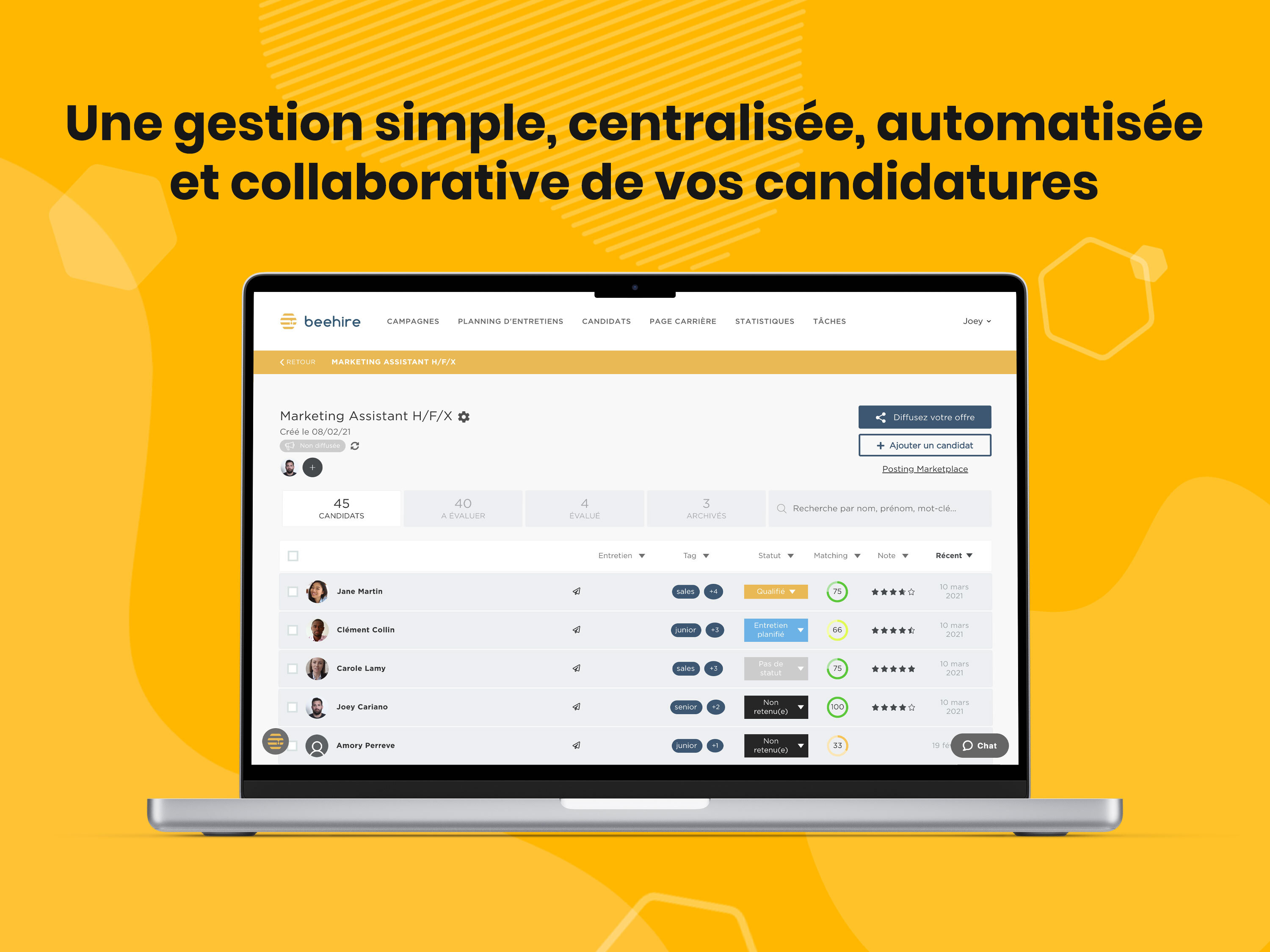 A simple, centralized, automated, and collaborative management of all candidates.