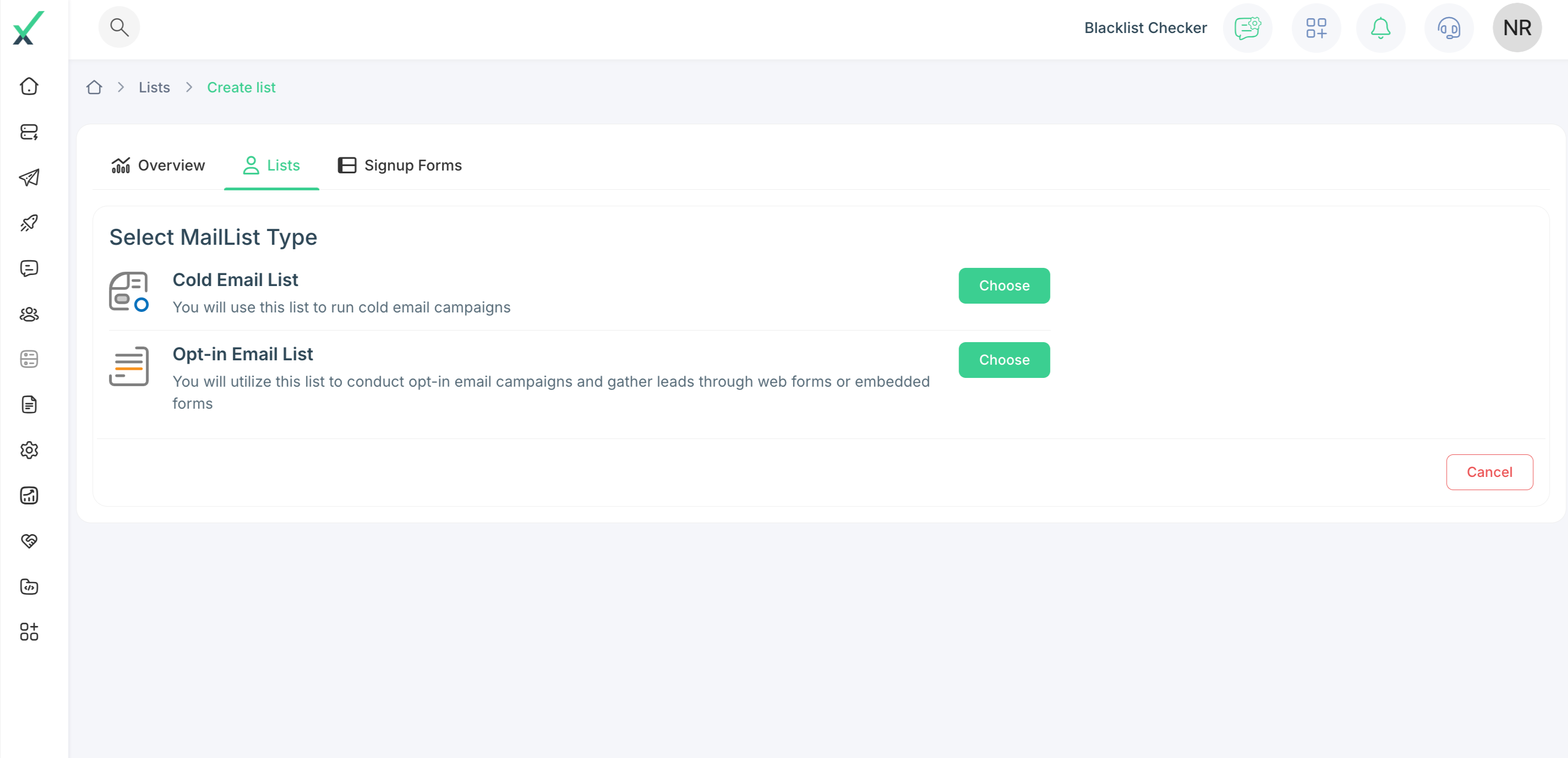Sendcrux Software - Select Mail List Type