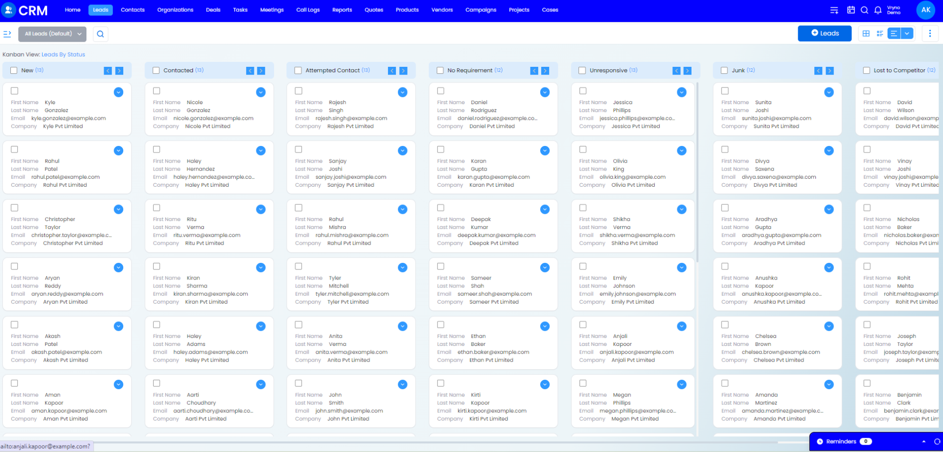 Vryno screenshot: Kanban View in Vryno CRM
