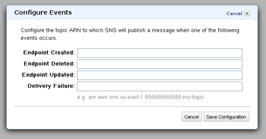 Amazon Simple Notification Service (SNS) configure events
