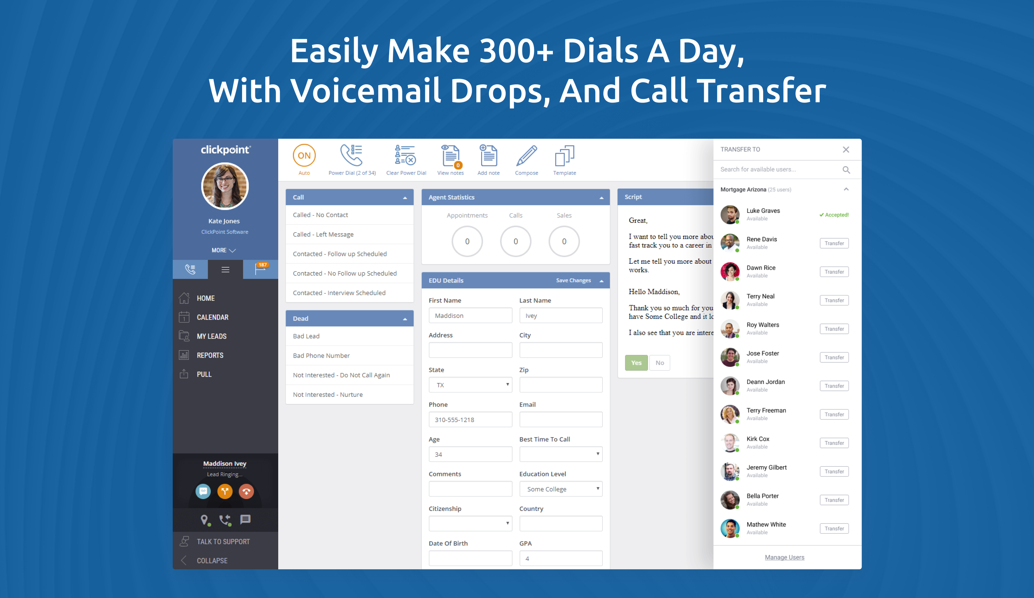 ClickPoint Software - Outbound Dialing with local presence, pre-recorded voicemail, email nurture, Text SMS, sales scripts, guided selling, and automated lead prioritization, to help your salespeople reach more contacts, prospects, and leads.
