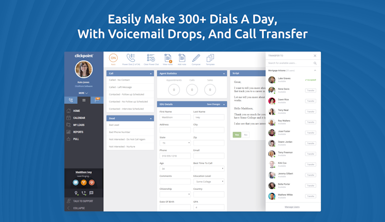 ClickPoint screenshot: Outbound Dialing with local presence, pre-recorded voicemail, email nurture, Text SMS, sales scripts, guided selling, and automated lead prioritization, to help your salespeople reach more contacts, prospects, and leads.