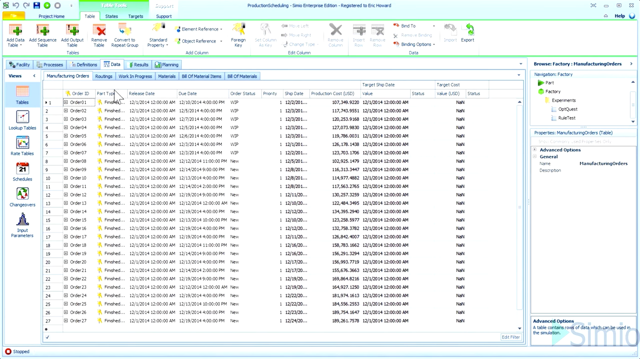 Simio Software - Create datasets to hold relational data across multiple tables and use it to drive models