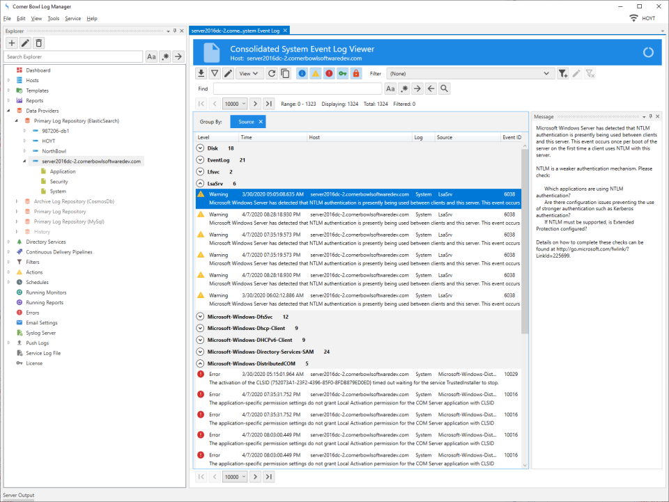 Corner Bowl Event Log Manager log viewer