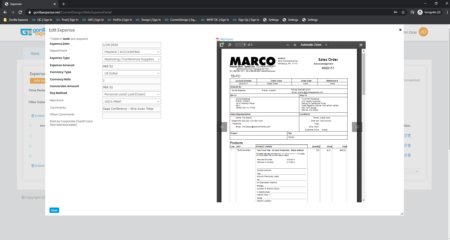 Edit Expense Page - Search dropdowns, navigate between expenses easily, receipt side-by-side view makes it easy to enter data