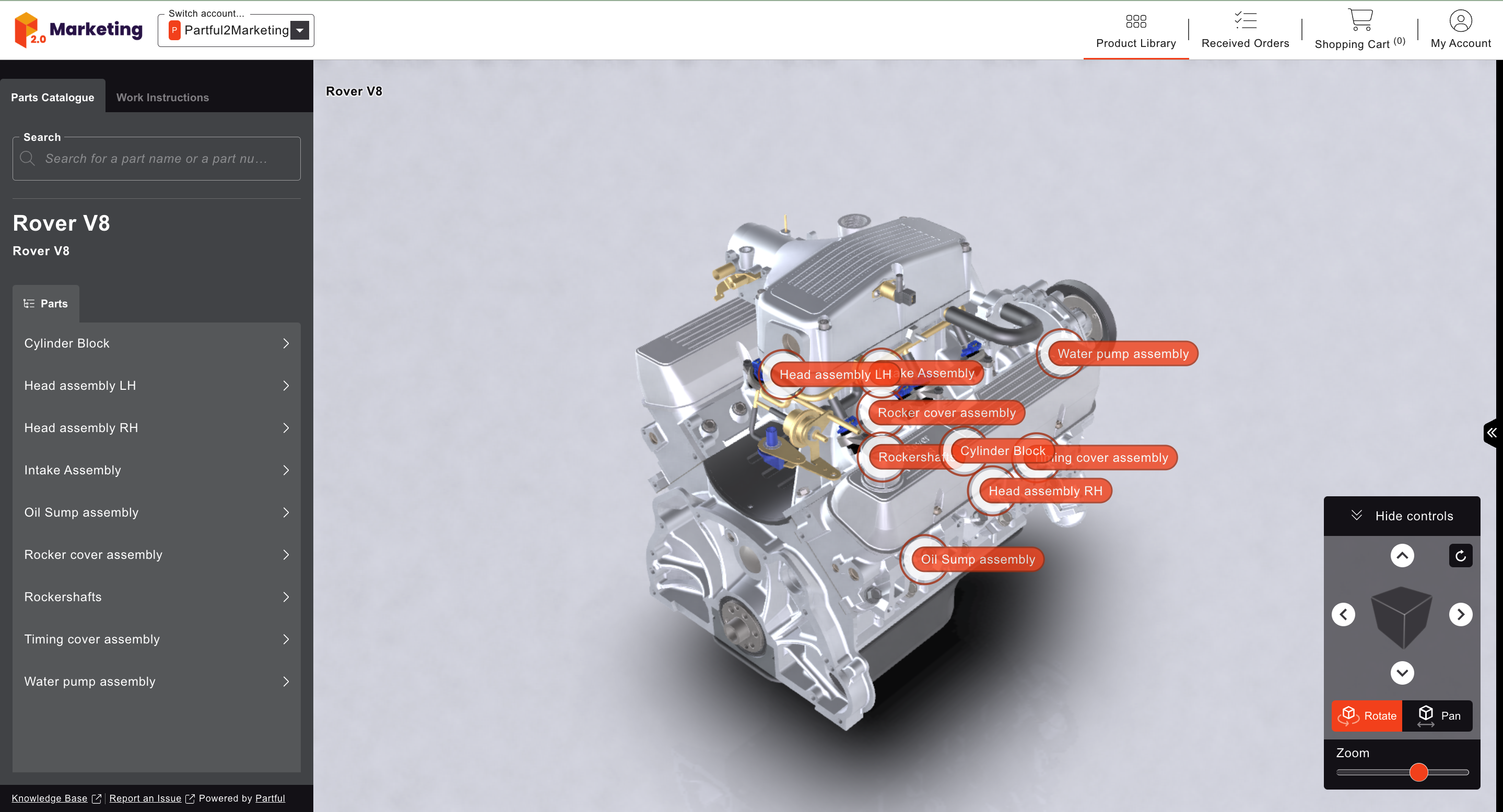 Partful screenshot: 3D model uploaded into the Partful platform using CAD data. This model uses SolidWorks CAD. 