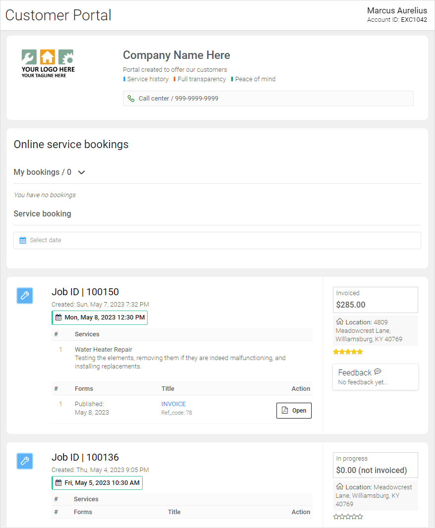Customer Portal for online bookings, job history, coupon claims and full transparency.